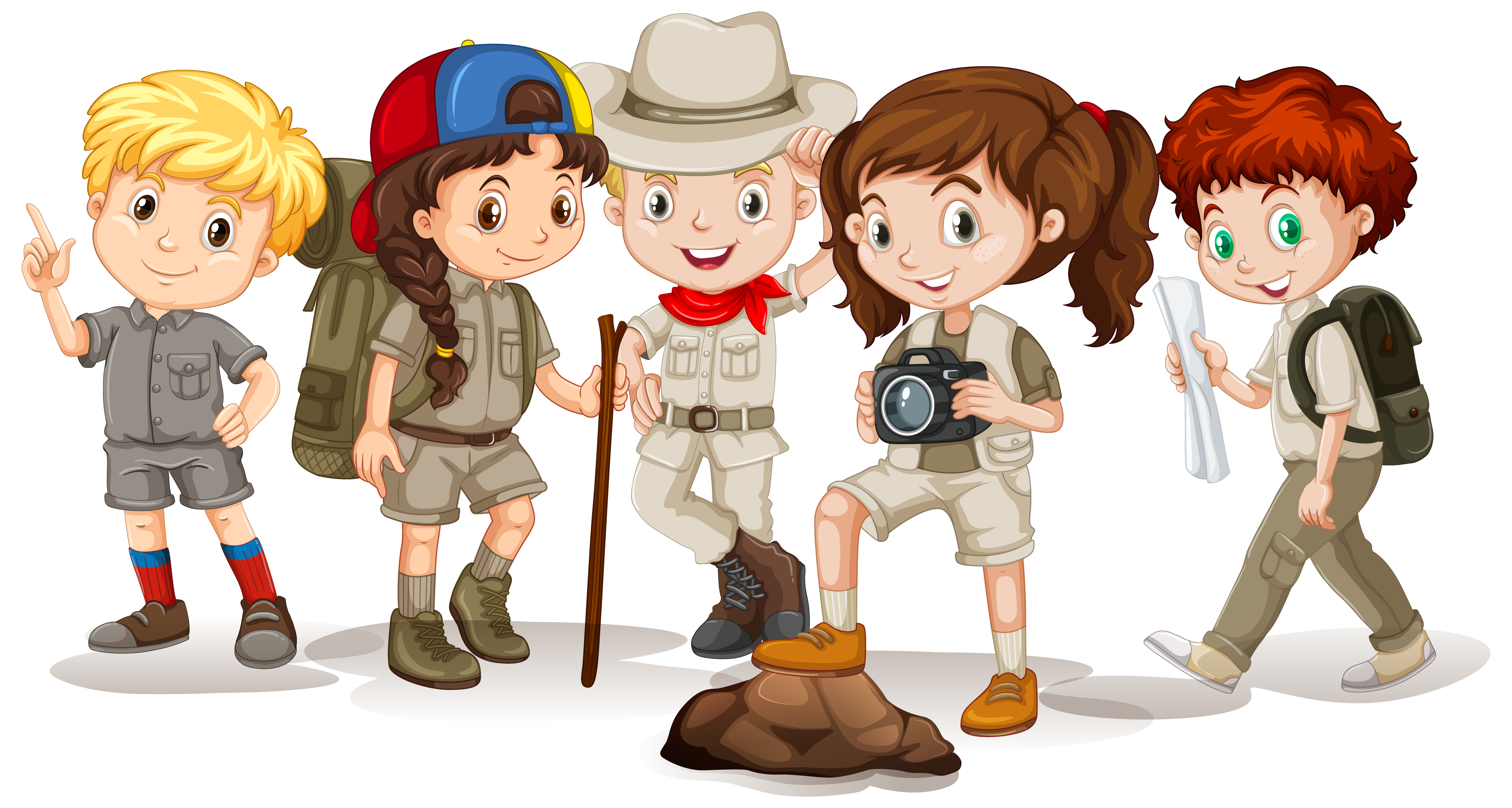 Grupo de niños y niñas vestidos de exploradores con mapas, lupa y una cámara de fotos