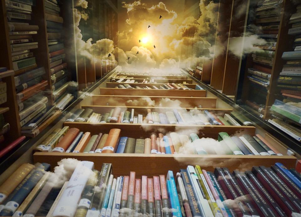 Collage de Biblioteca con libros, pájaros y nubes 