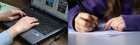 niños escribiendo en un dispositivo móvil y en formato papel