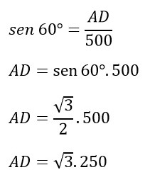 60° = 20 sen = 500 | AD = sen 60°.500 3 | ap=Ls00 2 | AD =\3.250