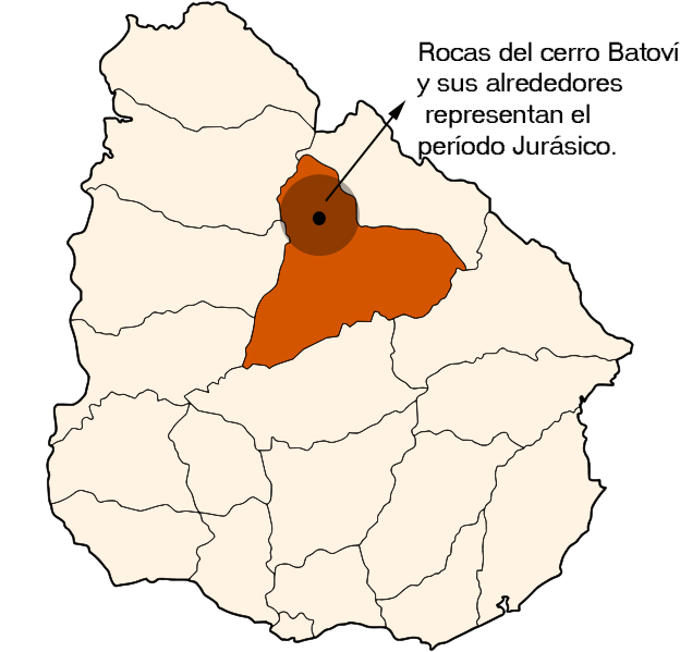 Mapa de Uruguay donde está coloreado el departamento de Tacuarembó y puntualizado en el norte el Cerro Batoví, en que hay restos fósiles del período Jurásico
