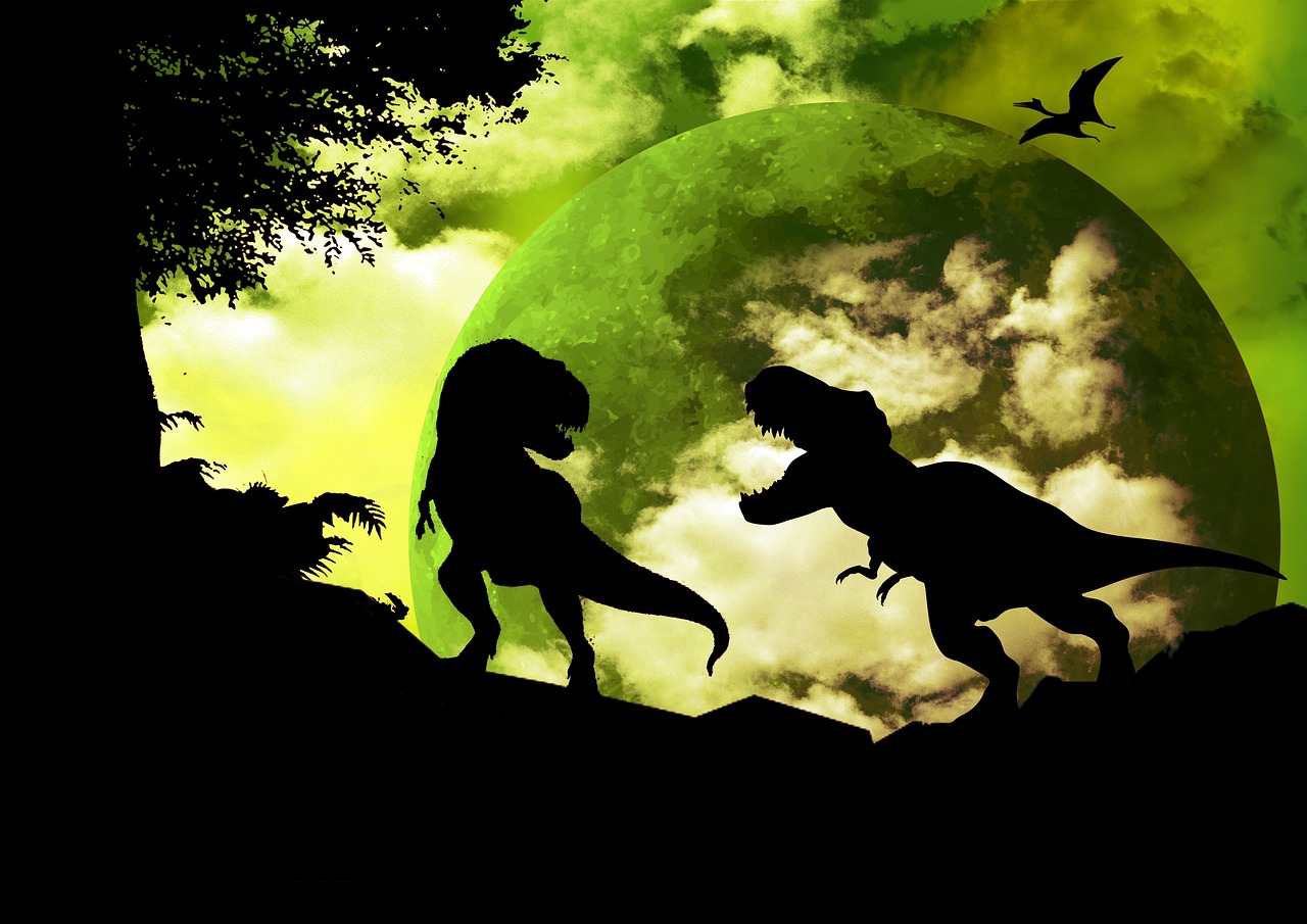 Imagen de dos tiranosaurios rex en un paisaje con vegetación