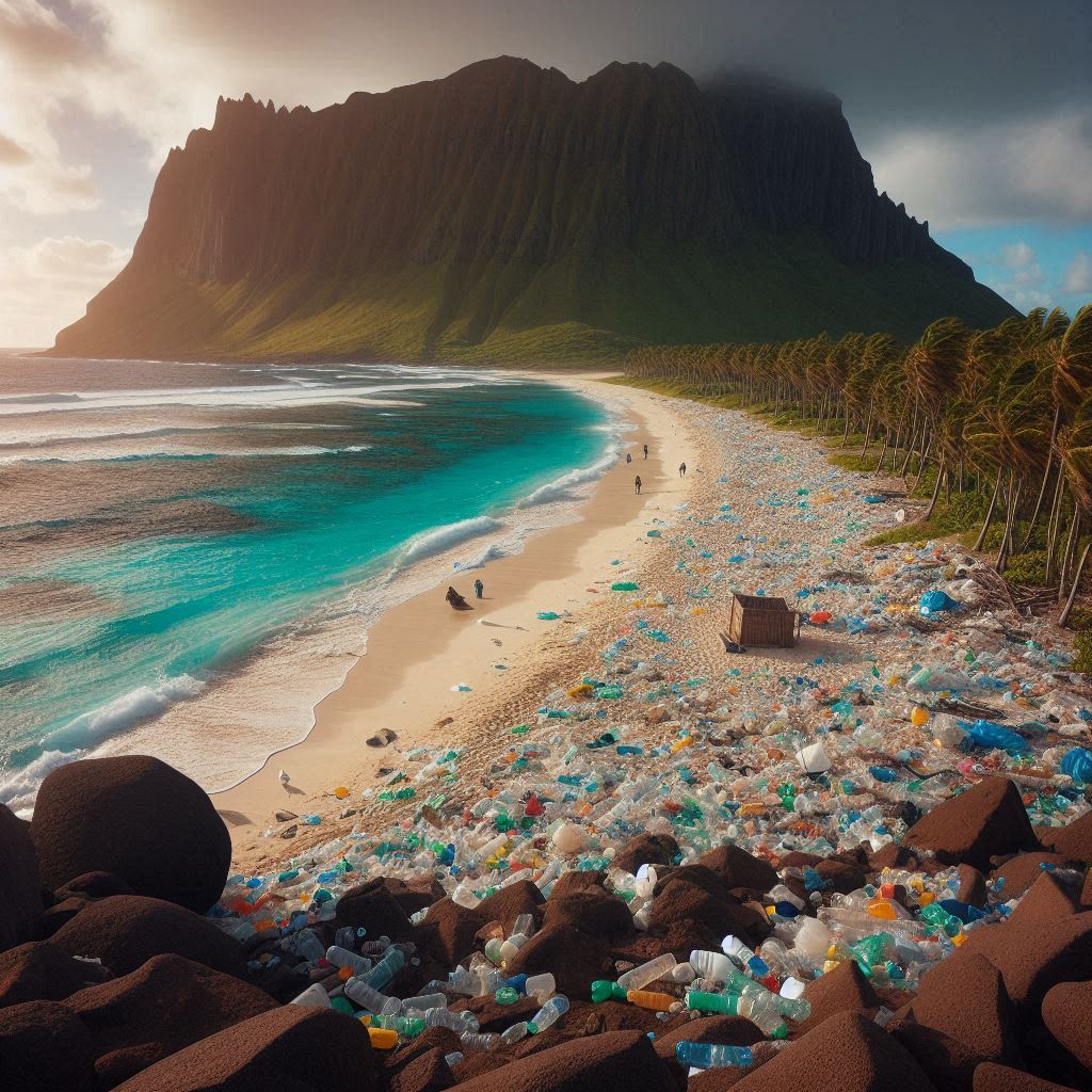 Imagen de la isla de pascua donde se ve la playa contaminada de plásticos.