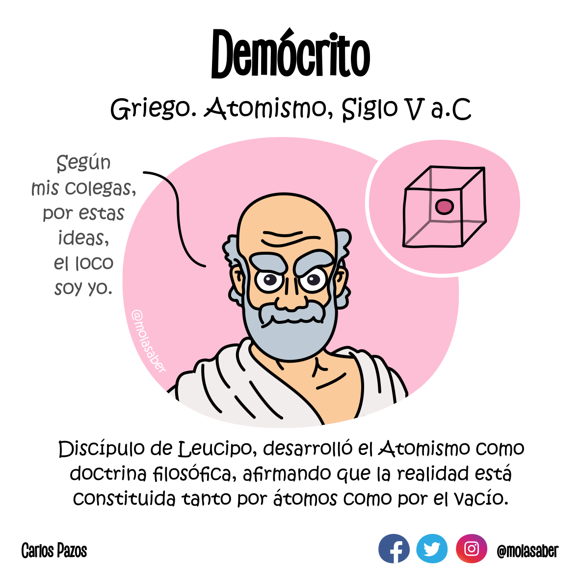 Demócrito Griego. Atomismo, Siglo V a.C Según mis colegas, por estas ideas, el loco soy yo. Discípulo de Leucipo, desarrolló el Atomismo como doctrina filosófica, afirmando que la realidad está constituida tanto por átomos como por el vacío.