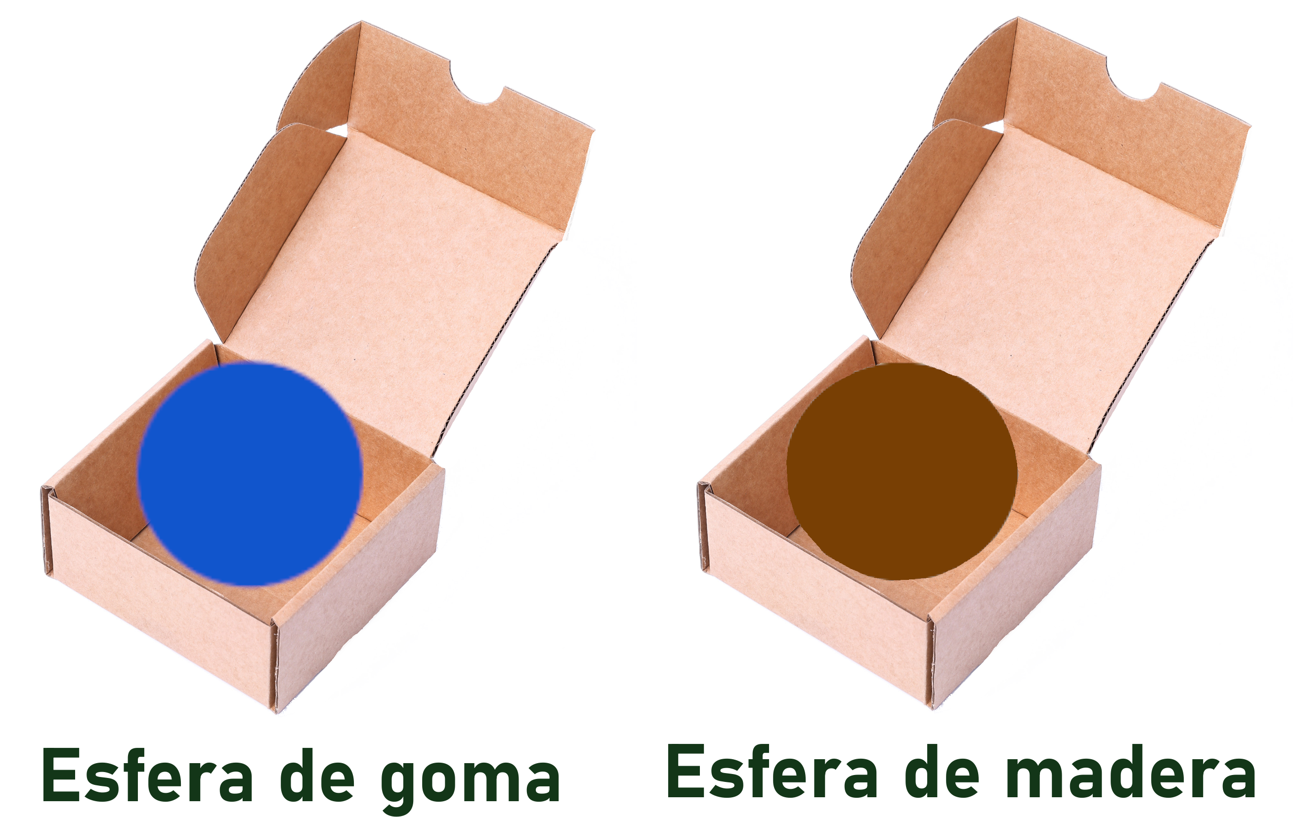 Comparación: una caja con una esfera de goma y otra con una esfera de madera, ambias ocupan la misma cantidad de espacio en las cajas.