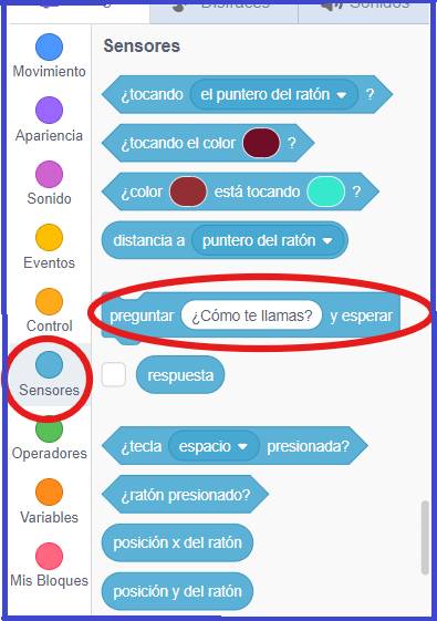 Captura de Scratch, categoría sensores / pregunta