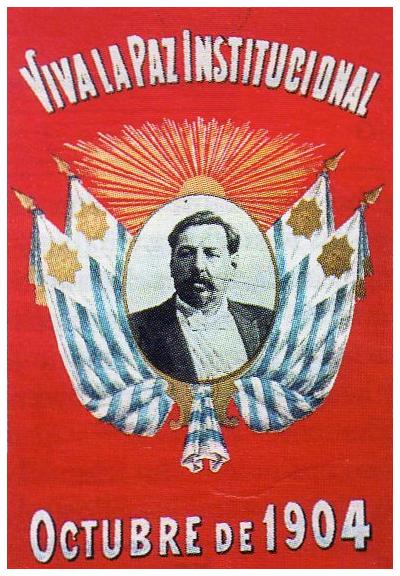 Cartel que anuncia el final de la Revolución de 1904 con José Batlle y Ordóñez, expresidente uruguayo, en primer plano.