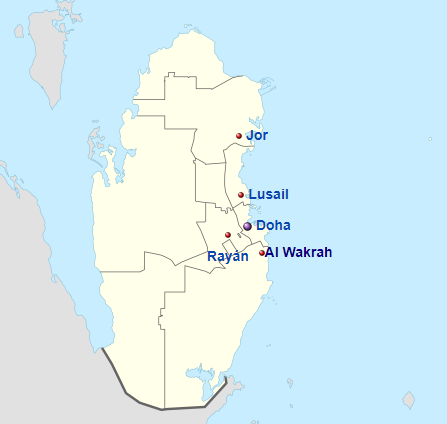 Mapa con la ubicación de Jor, Lusail, Doha, Rayan, Al Wakrah